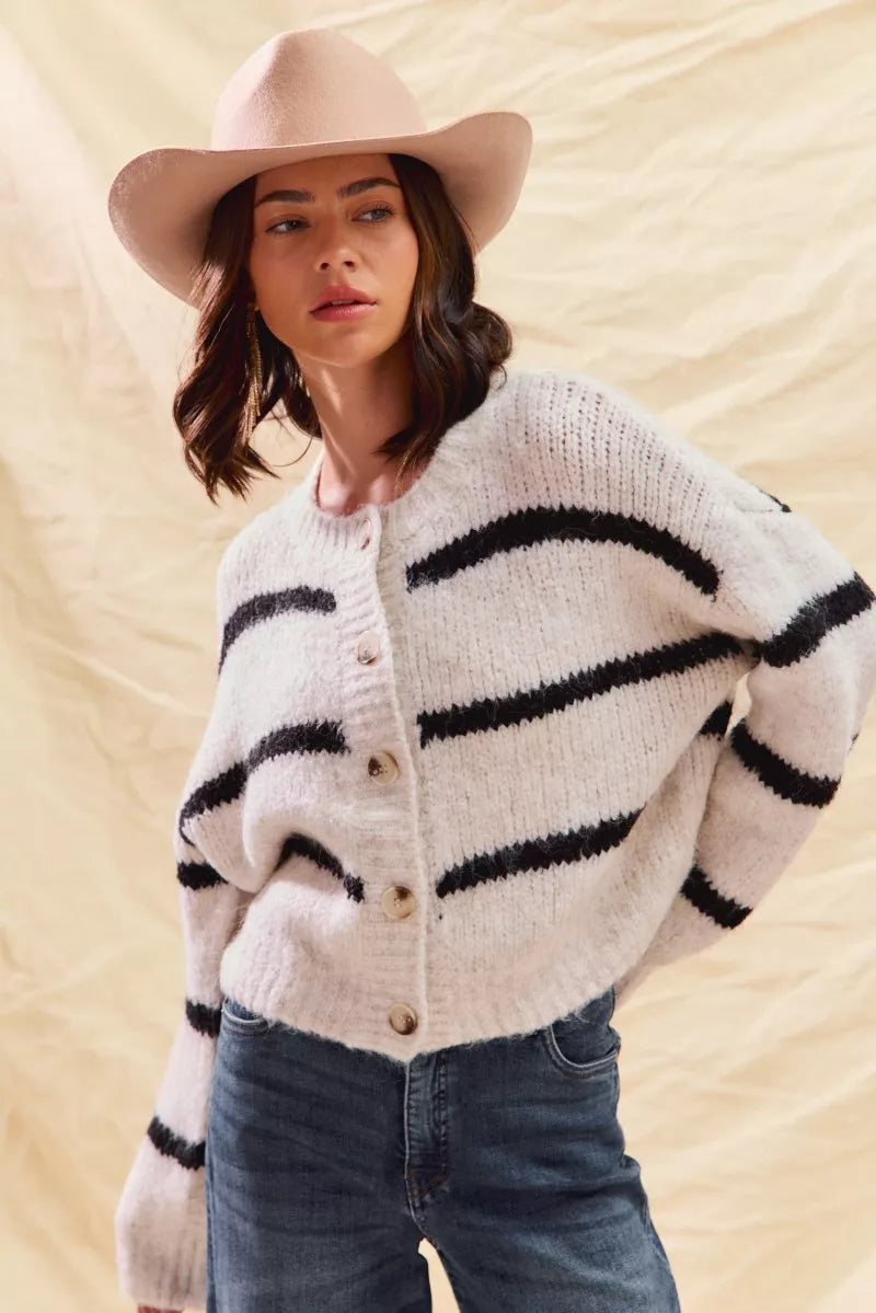 SO ME Stripe Soft Touch Button Cozy Sweater Cardigan