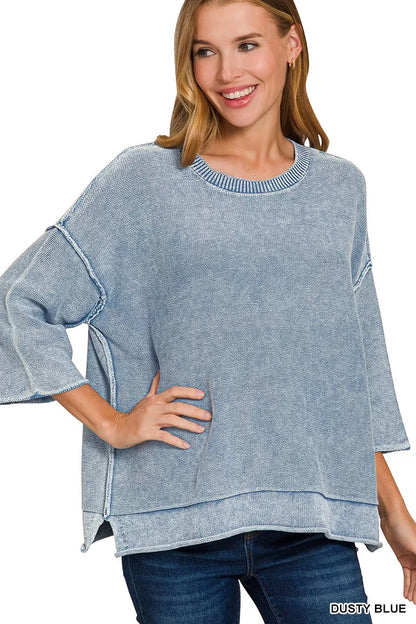 Zenana Washed 3/4 Sleeve Boxy Sweater