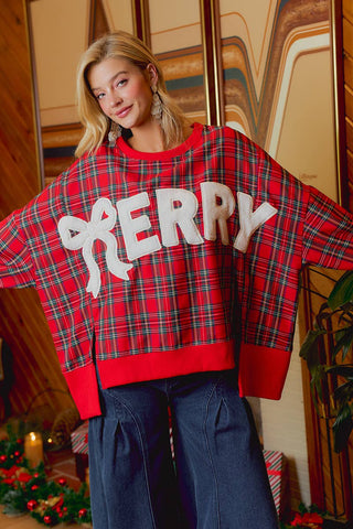 Christmas Tartan Plaid Merry Chenille Patch Sweatshirt