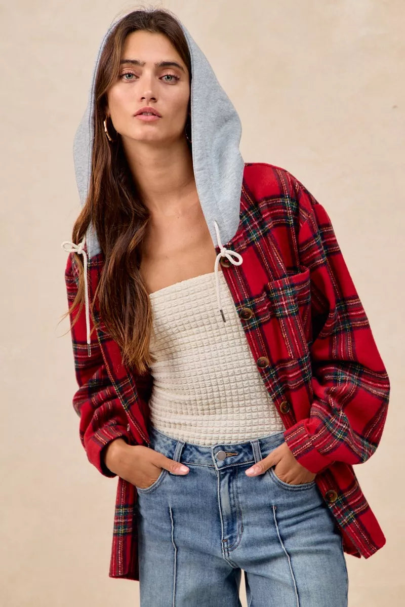BiBi Brushed Plaid Hooded Jacket