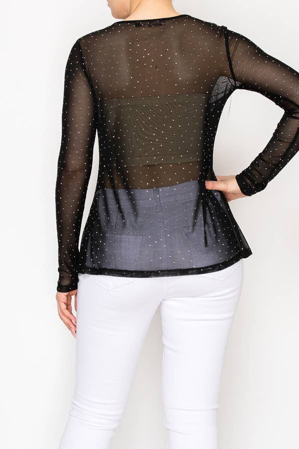Sparkly Long Sleeve Sheer Mesh Top  – 4847BK