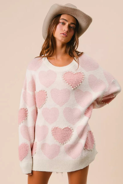 BiBi Heart Pattern Sweater with Pearl Detail