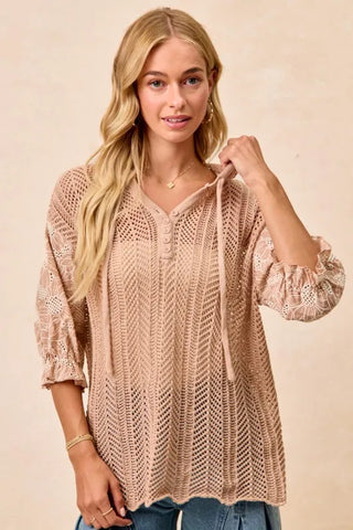 BiBi Jacquard Flower Puff Sleeve Hooded Knit Top