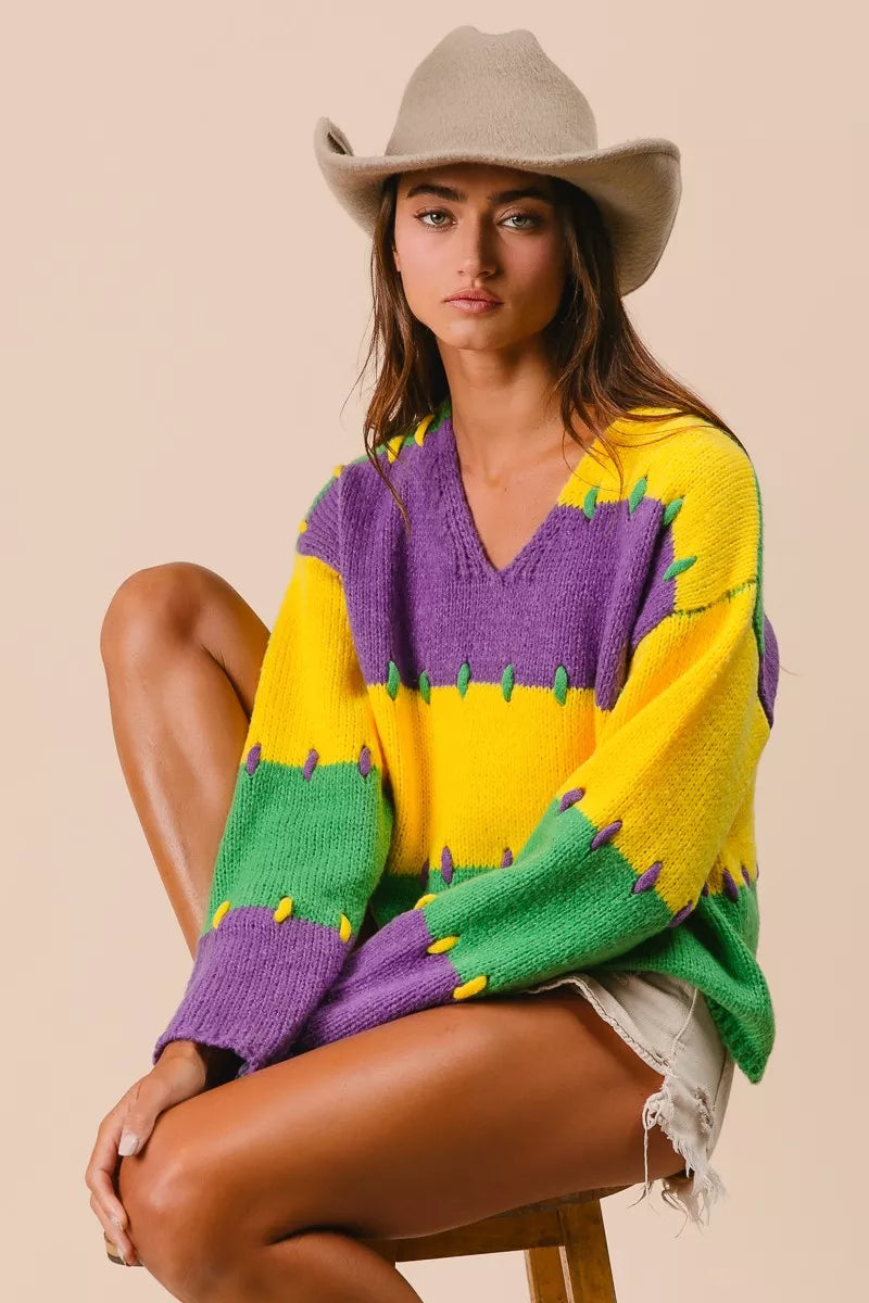 BiBi Stitch Detail Mardi Gras Stripes Sweater