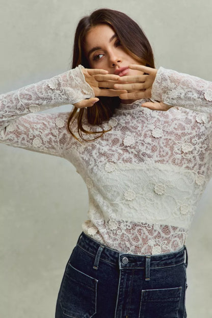 SO ME Lace Long Sleeve 3d Effect Floral Layering Top