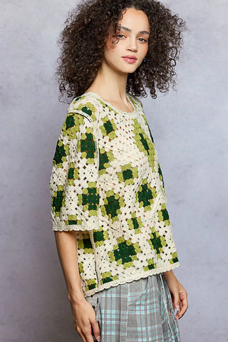 POL Round Neck Short Sleeve Color Pattern Crochet Top with Border Accents