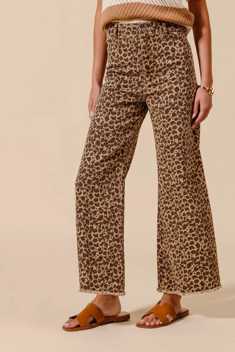 SO ME Mid Rise Leopard Twill Frayed Hem Wide Leg Pants