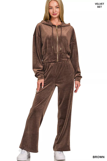 Zenana Velvet Zip Up Hoodie and Pants Set