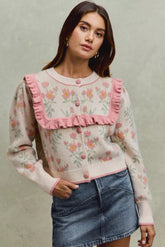 SO ME Flower With Ruffle Detailing Sweater Cardigan
