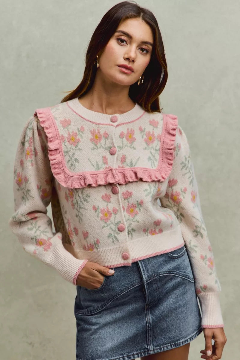 SO ME Flower With Ruffle Detailing Sweater Cardigan