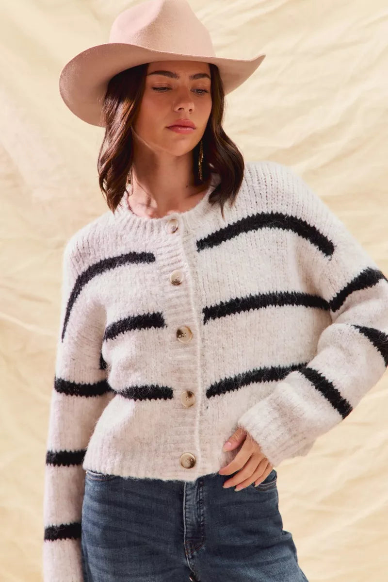 SO ME Stripe Soft Touch Button Cozy Sweater Cardigan
