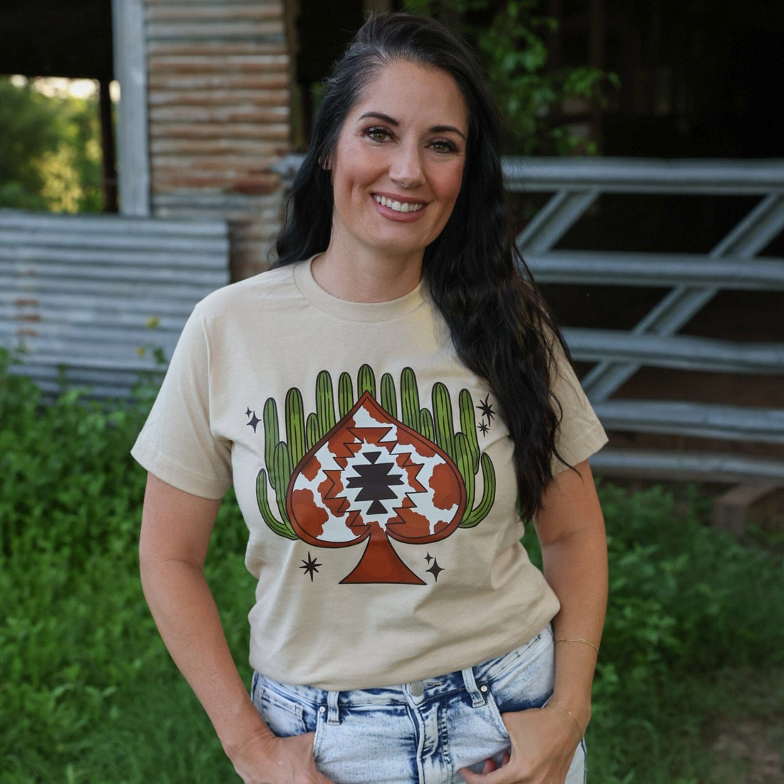 Women - Apparel - Shirts - T-Shirts Aztec Cowprint Spade Cactus Soft Graphic Tee
