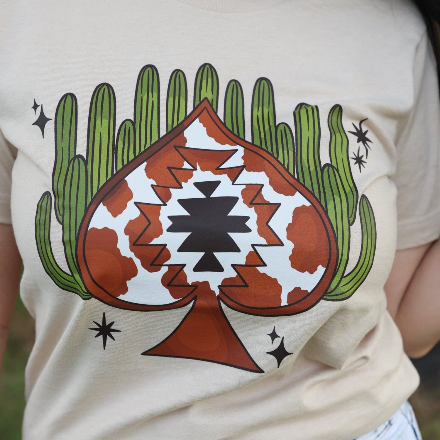 Women - Apparel - Shirts - T-Shirts Aztec Cowprint Spade Cactus Soft Graphic Tee