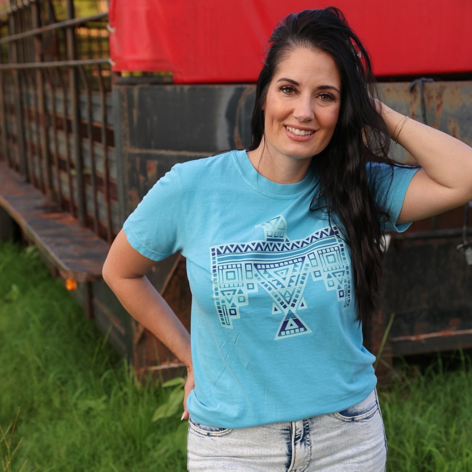 Women - Apparel - Shirts - T-Shirts Blue Aztec Thunderbird Graphic Tee