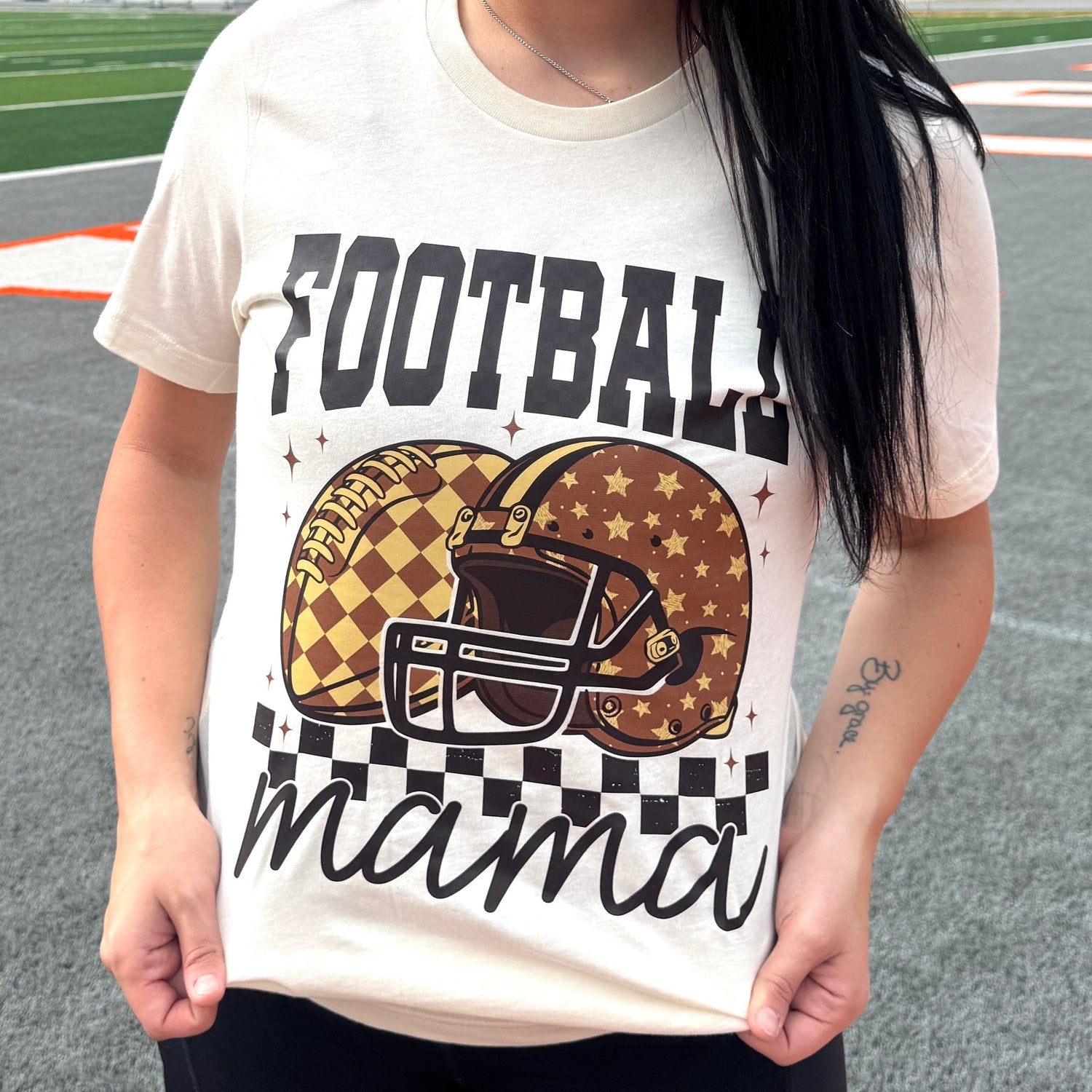 Women - Apparel - Shirts - T-Shirts Brown Checkered Football Mama Graphic Tee
