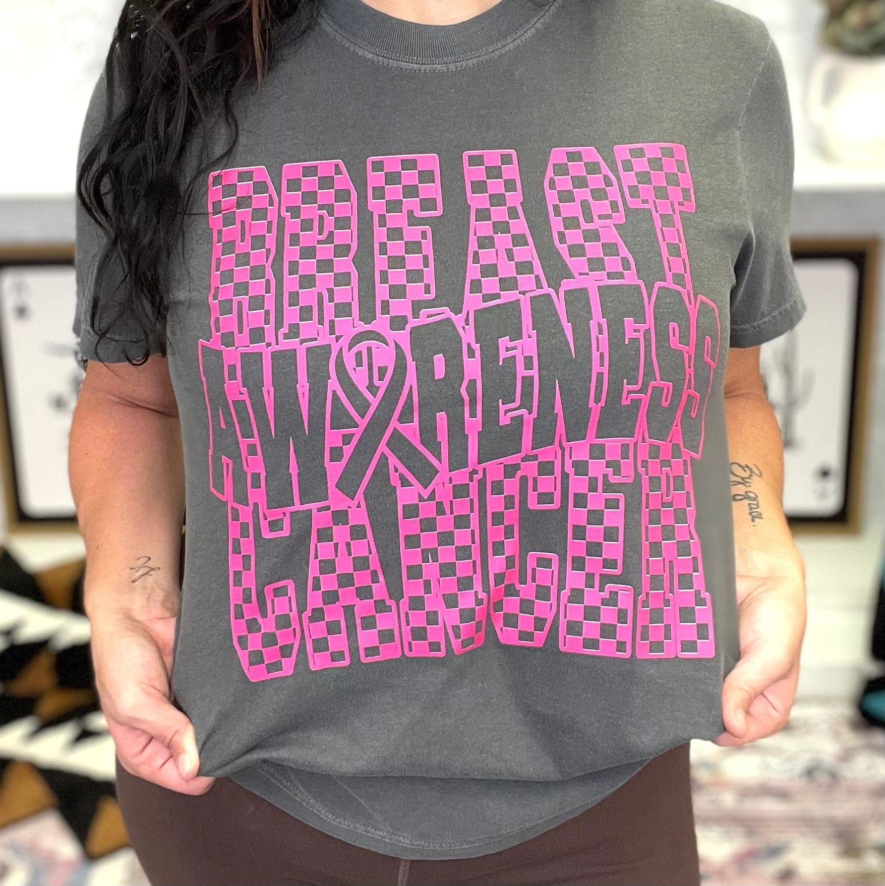 Women - Apparel - Shirts - T-Shirts Checkered Breast Cancer Awareness Graphic Tee