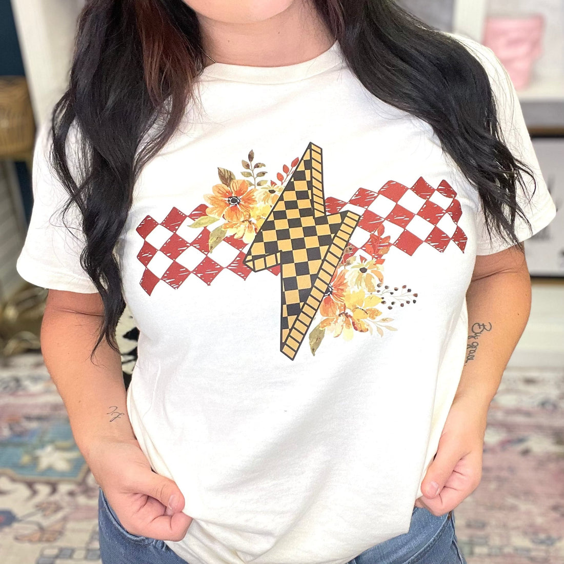 Women - Apparel - Shirts - T-Shirts Checkered Floral Bolt Graphic Tee