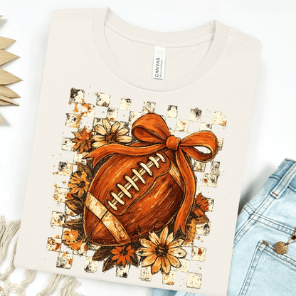 Women - Apparel - Shirts - T-Shirts Checkered Floral Football with Bow Graphic Tee