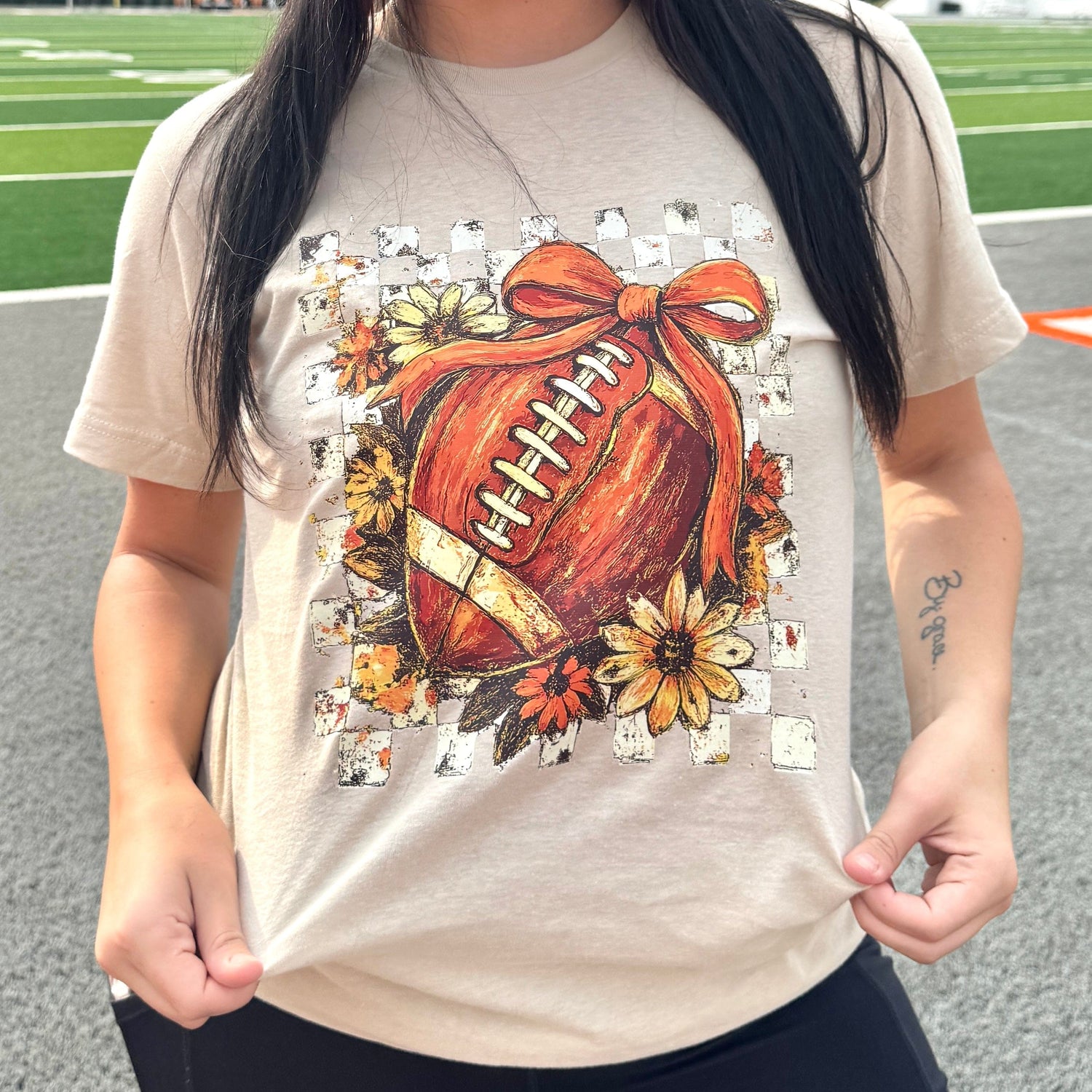 Women - Apparel - Shirts - T-Shirts Checkered Floral Football with Bow Graphic Tee