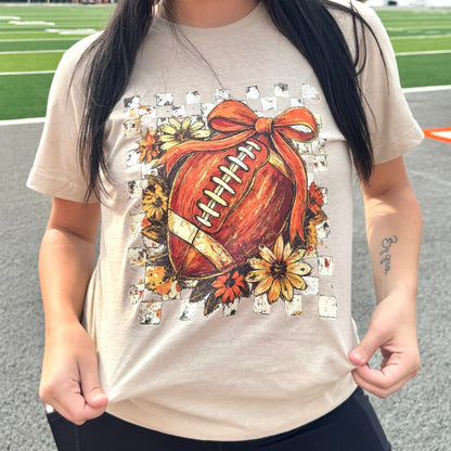 Women - Apparel - Shirts - T-Shirts Checkered Floral Football with Bow Graphic Tee