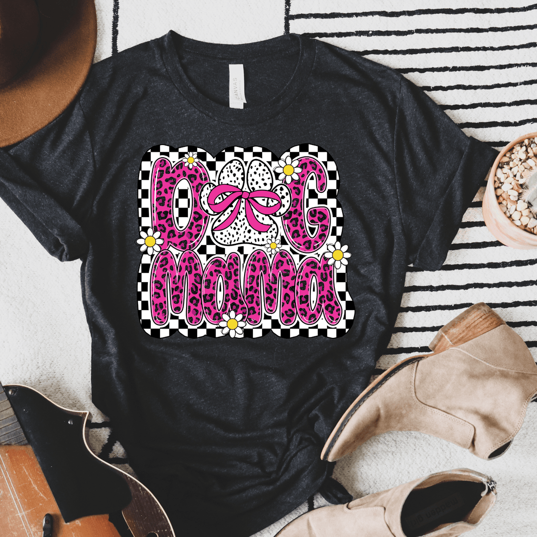 Checkered &amp; Leopard Dog Mama Graphic Tee