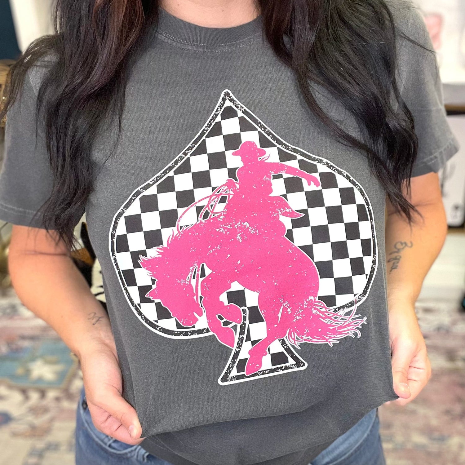 Women - Apparel - Shirts - T-Shirts Checkered Spade Pink Bronc Graphic Tee