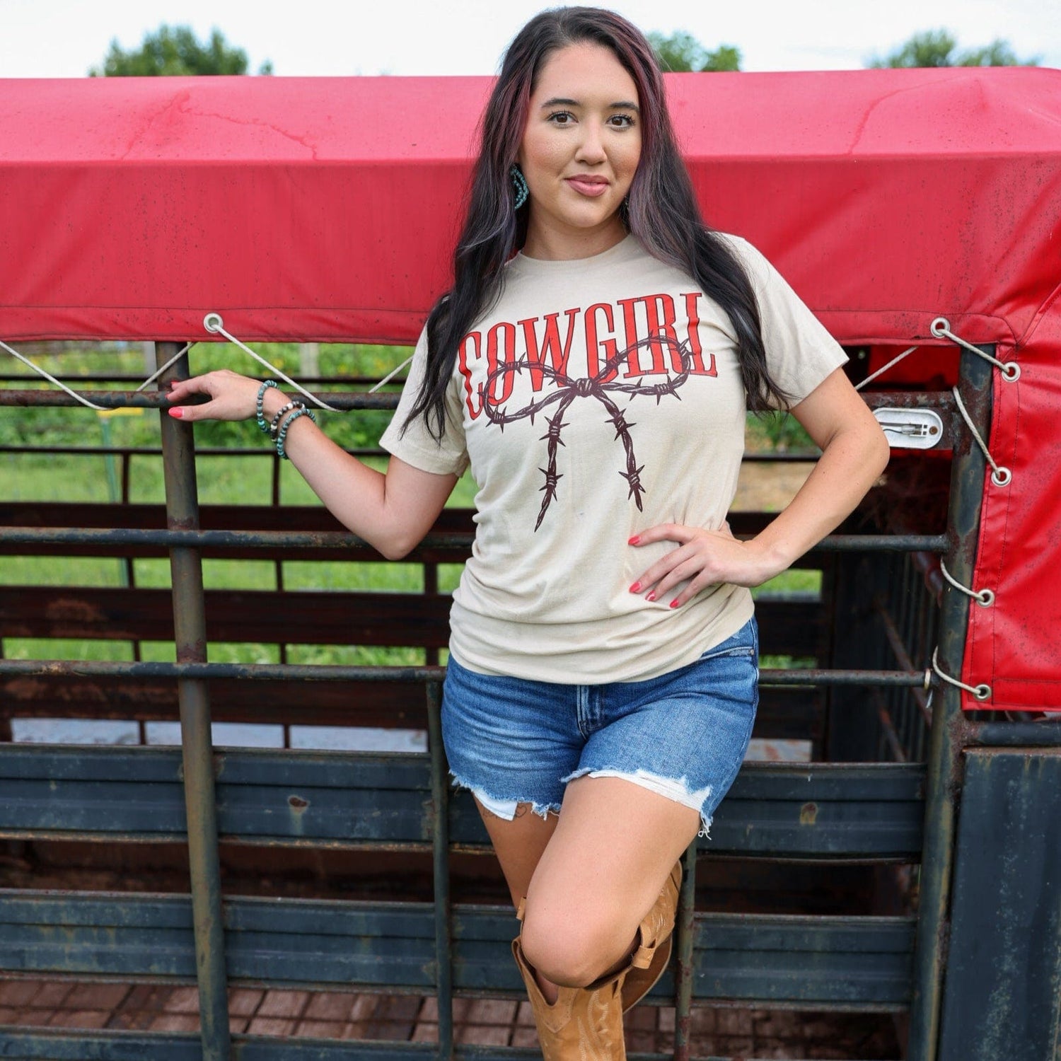 Women - Apparel - Shirts - T-Shirts Cowgirl Barbed Wire Bow Western Tee Soft Graphic Tee