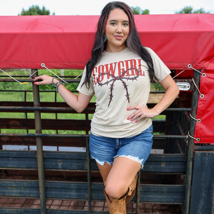 Women - Apparel - Shirts - T-Shirts Cowgirl Barbed Wire Bow Western Tee Soft Graphic Tee
