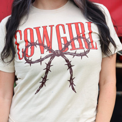 Women - Apparel - Shirts - T-Shirts Cowgirl Barbed Wire Bow Western Tee Soft Graphic Tee
