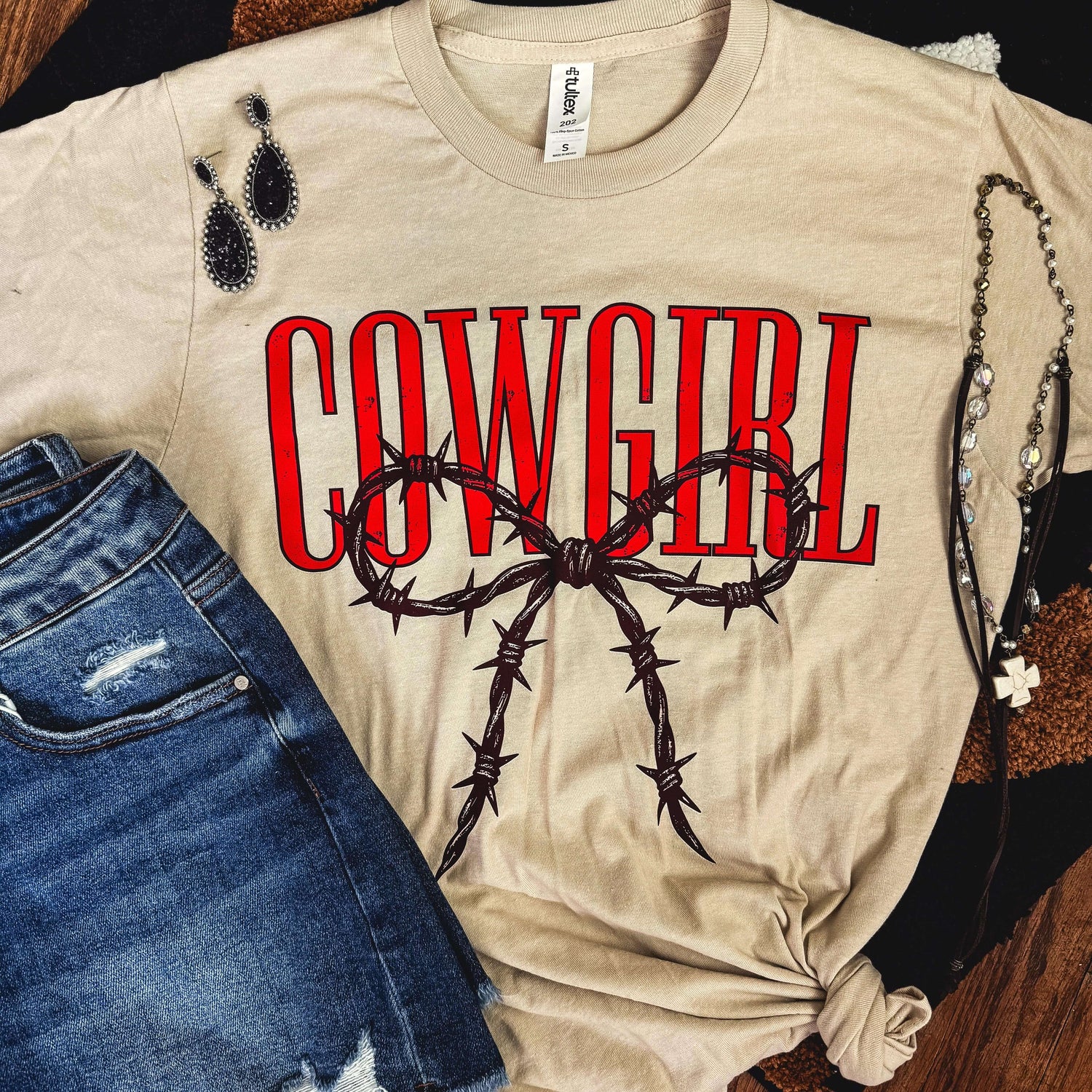 Women - Apparel - Shirts - T-Shirts Cowgirl Barbed Wire Bow Western Tee Soft Graphic Tee
