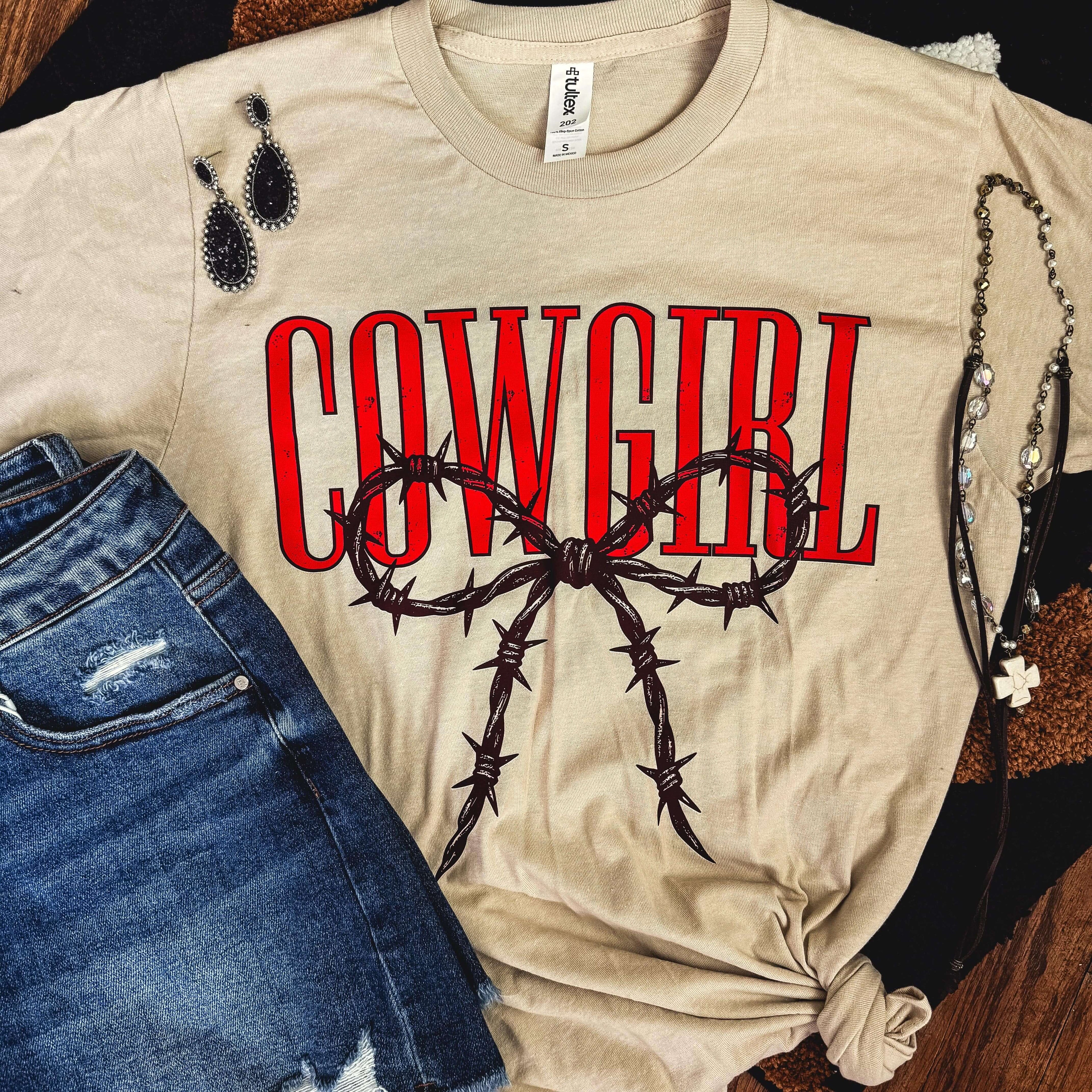 Women - Apparel - Shirts - T-Shirts Cowgirl Barbed Wire Bow Western Tee Soft Graphic Tee
