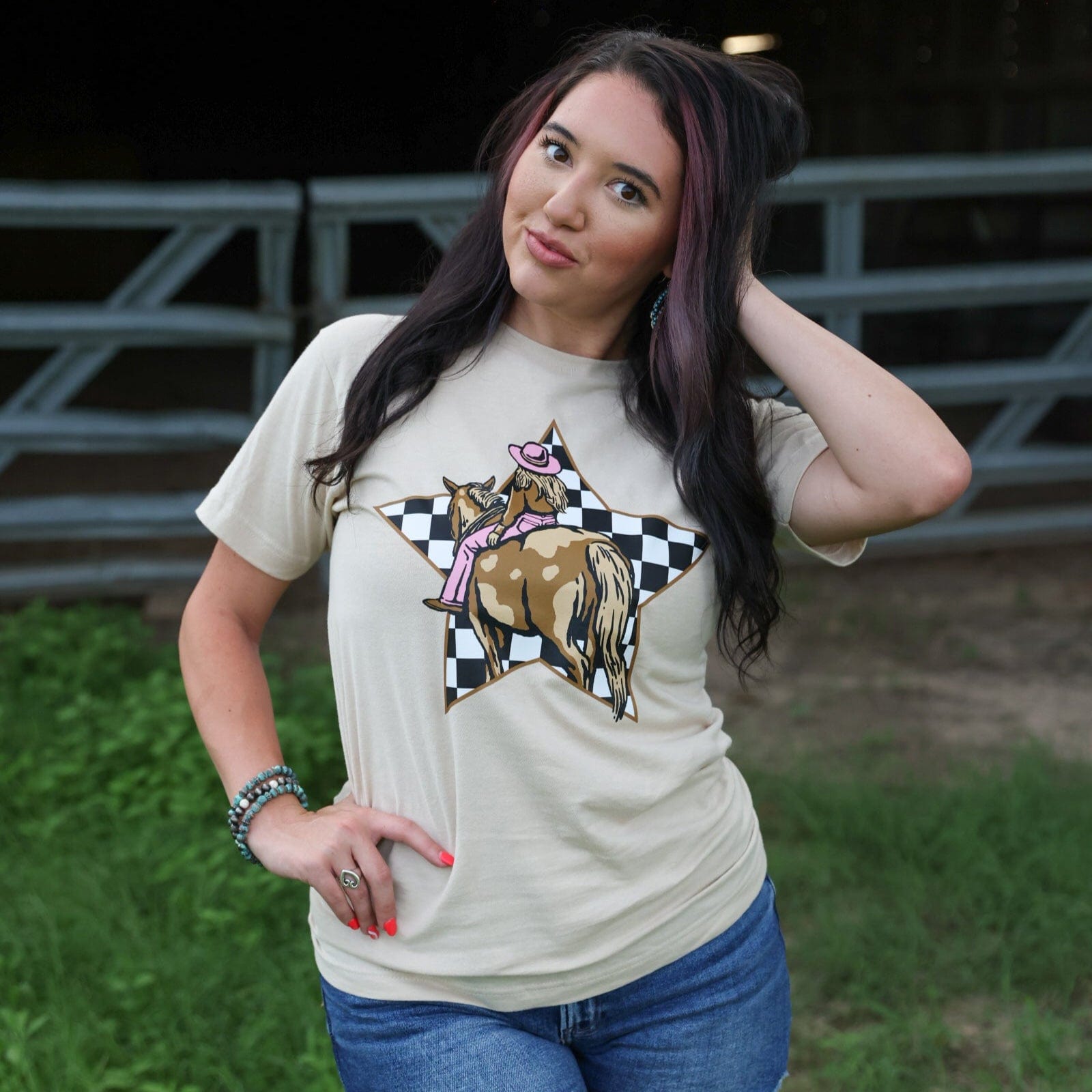Women - Apparel - Shirts - T-Shirts Cowgirl Checkerboard Star Soft Graphic Tee