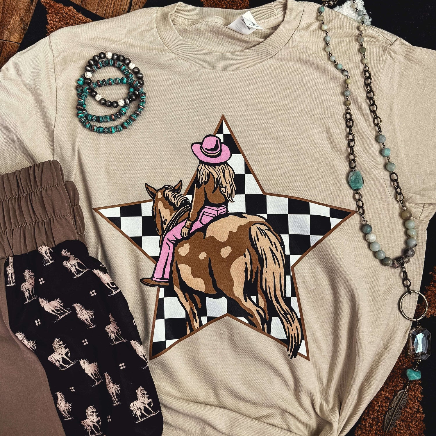Women - Apparel - Shirts - T-Shirts Cowgirl Checkerboard Star Soft Graphic Tee
