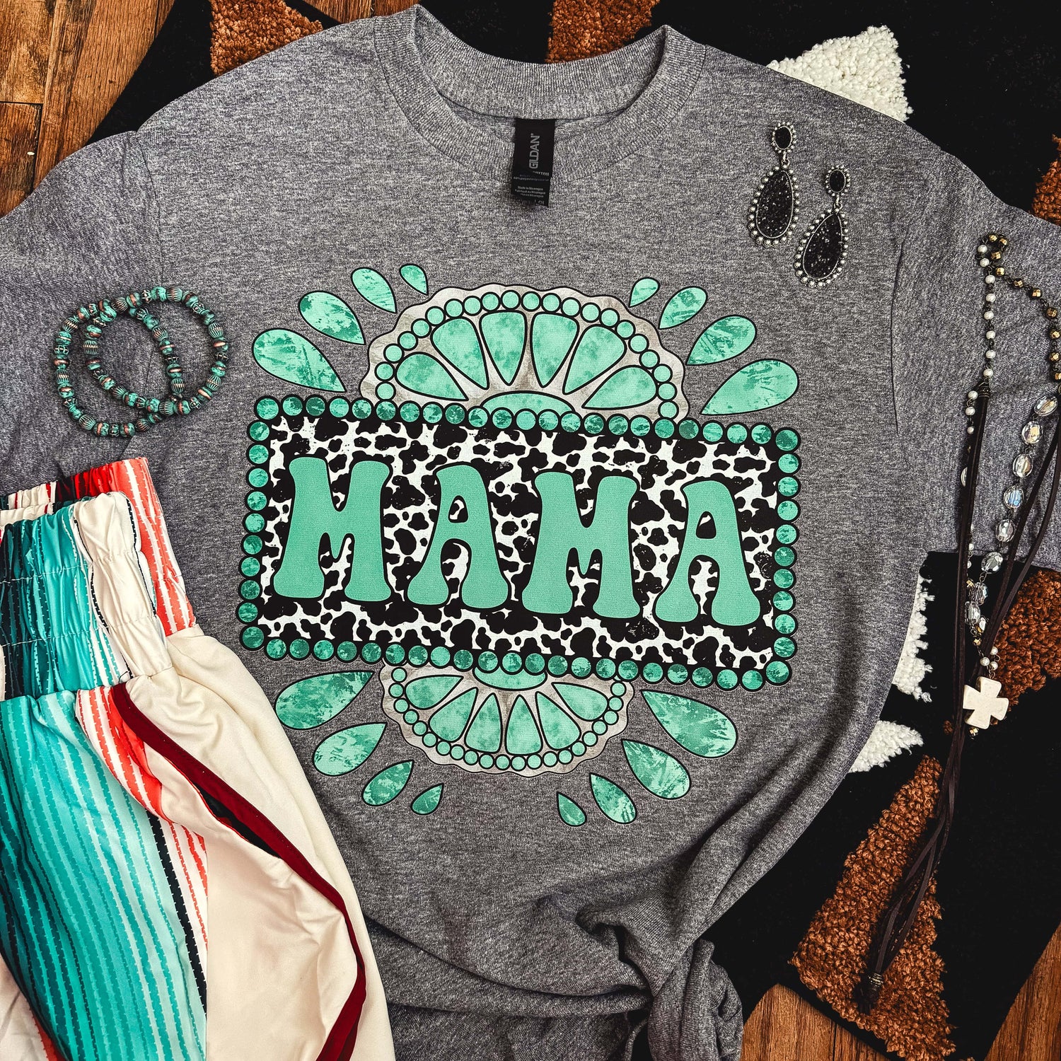Women - Apparel - Shirts - T-Shirts Cowprint Turquoise Mama Soft Graphic Tee