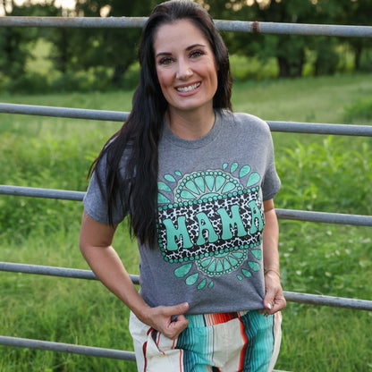 Women - Apparel - Shirts - T-Shirts Cowprint Turquoise Mama Soft Graphic Tee