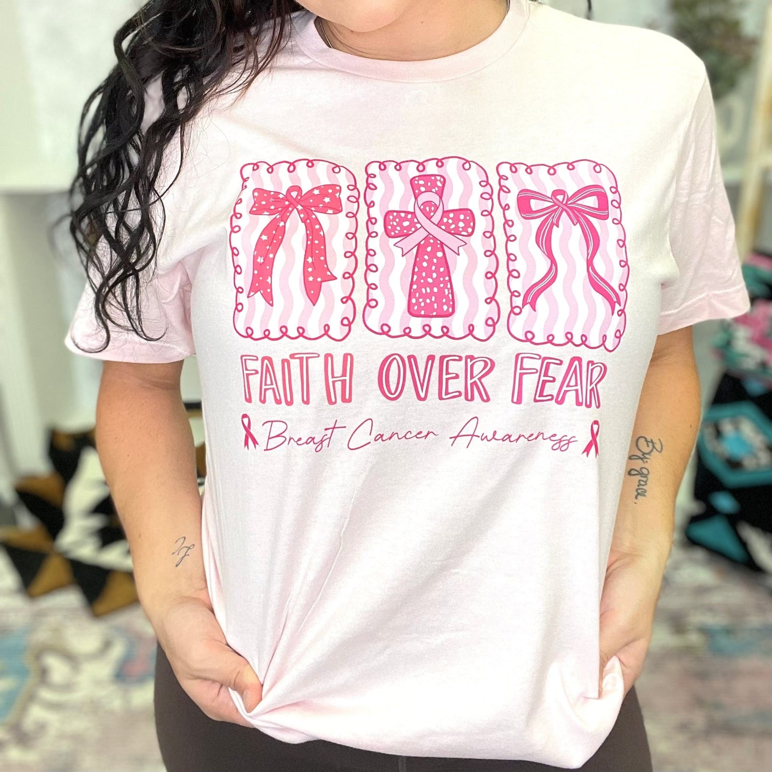 Women - Apparel - Shirts - T-Shirts Faith Over Fear Breast Cancer Graphic Tee