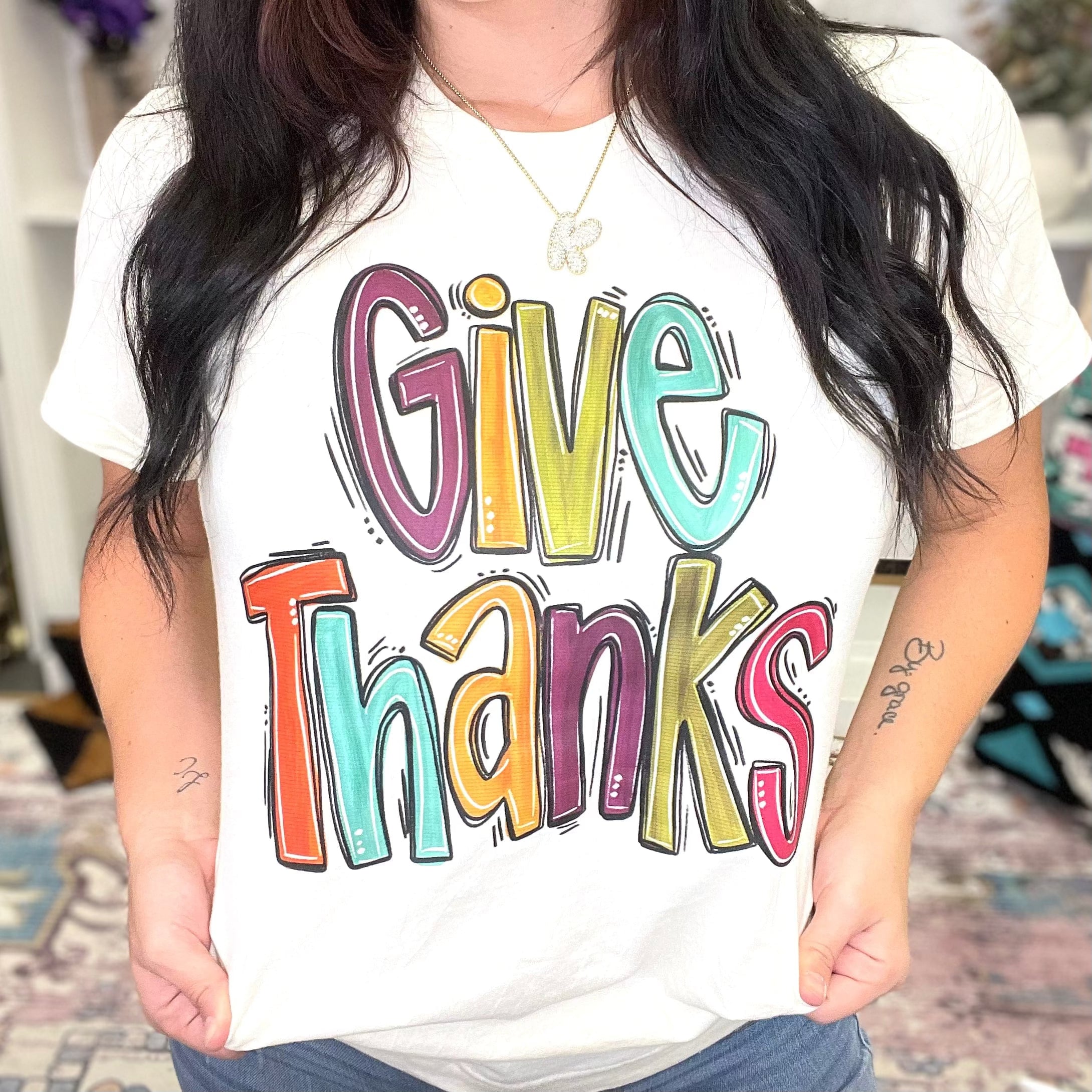 Women - Apparel - Shirts - T-Shirts Fall Colors Give Thanks Graphic Tee