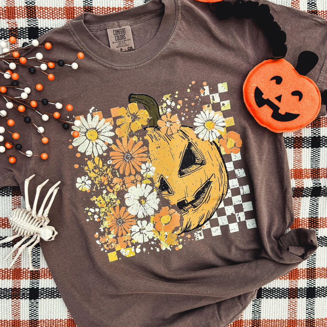 Women - Apparel - Shirts - T-Shirts Half Pumpkin Half Flowers Soft Graphic Tee