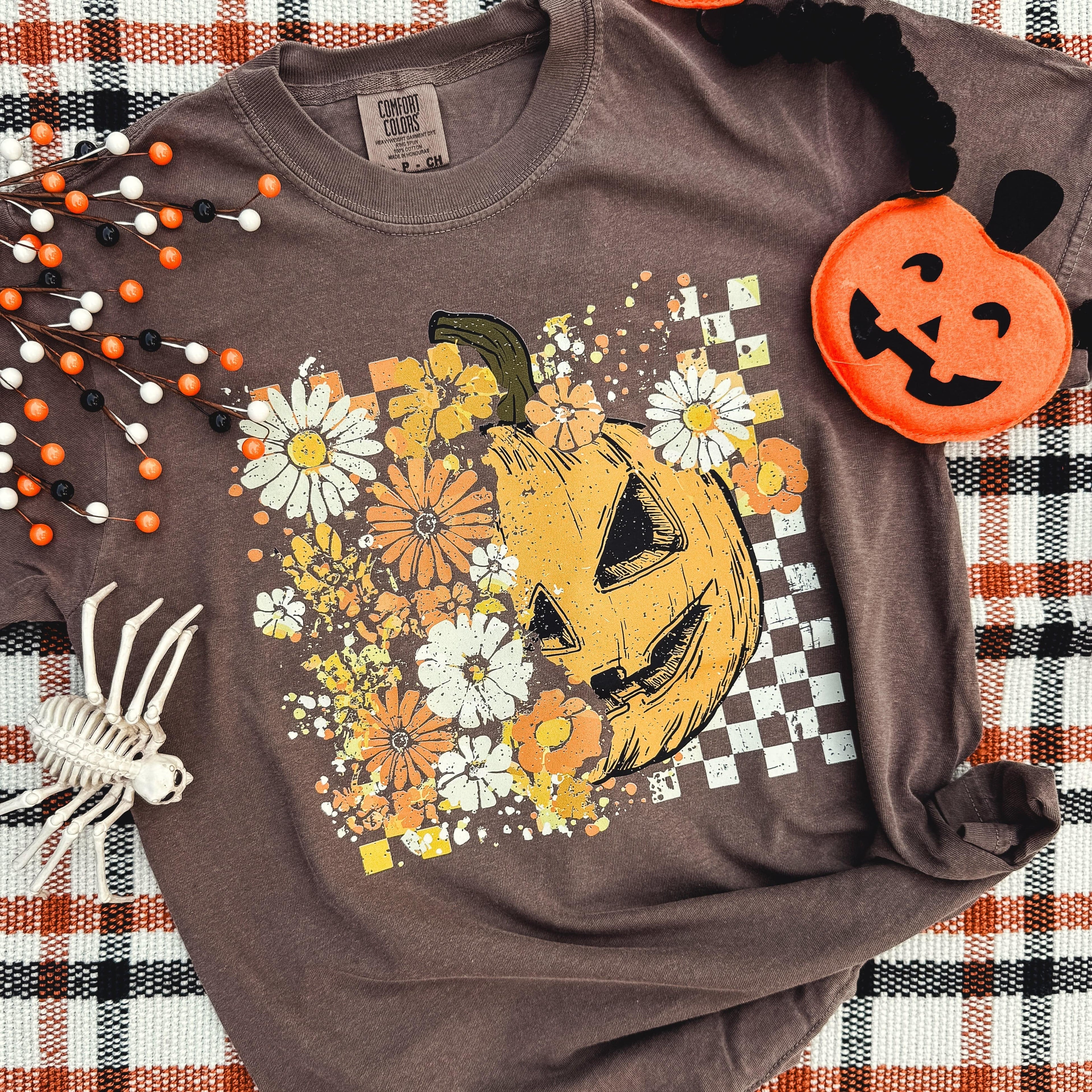 Women - Apparel - Shirts - T-Shirts Half Pumpkin Half Flowers Soft Graphic Tee