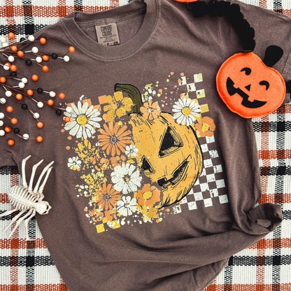 Women - Apparel - Shirts - T-Shirts Half Pumpkin Half Flowers Soft Graphic Tee