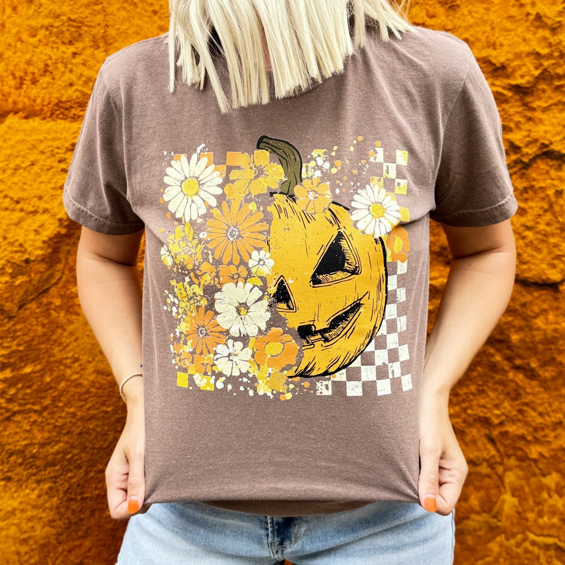 Women - Apparel - Shirts - T-Shirts Half Pumpkin Half Flowers Soft Graphic Tee