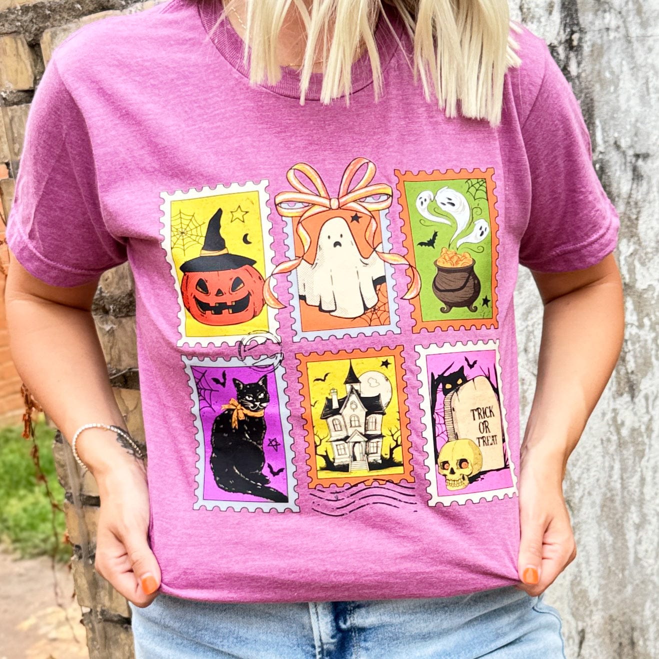 Women - Apparel - Shirts - T-Shirts Halloween Cartoon Stamps Soft Graphic Tee