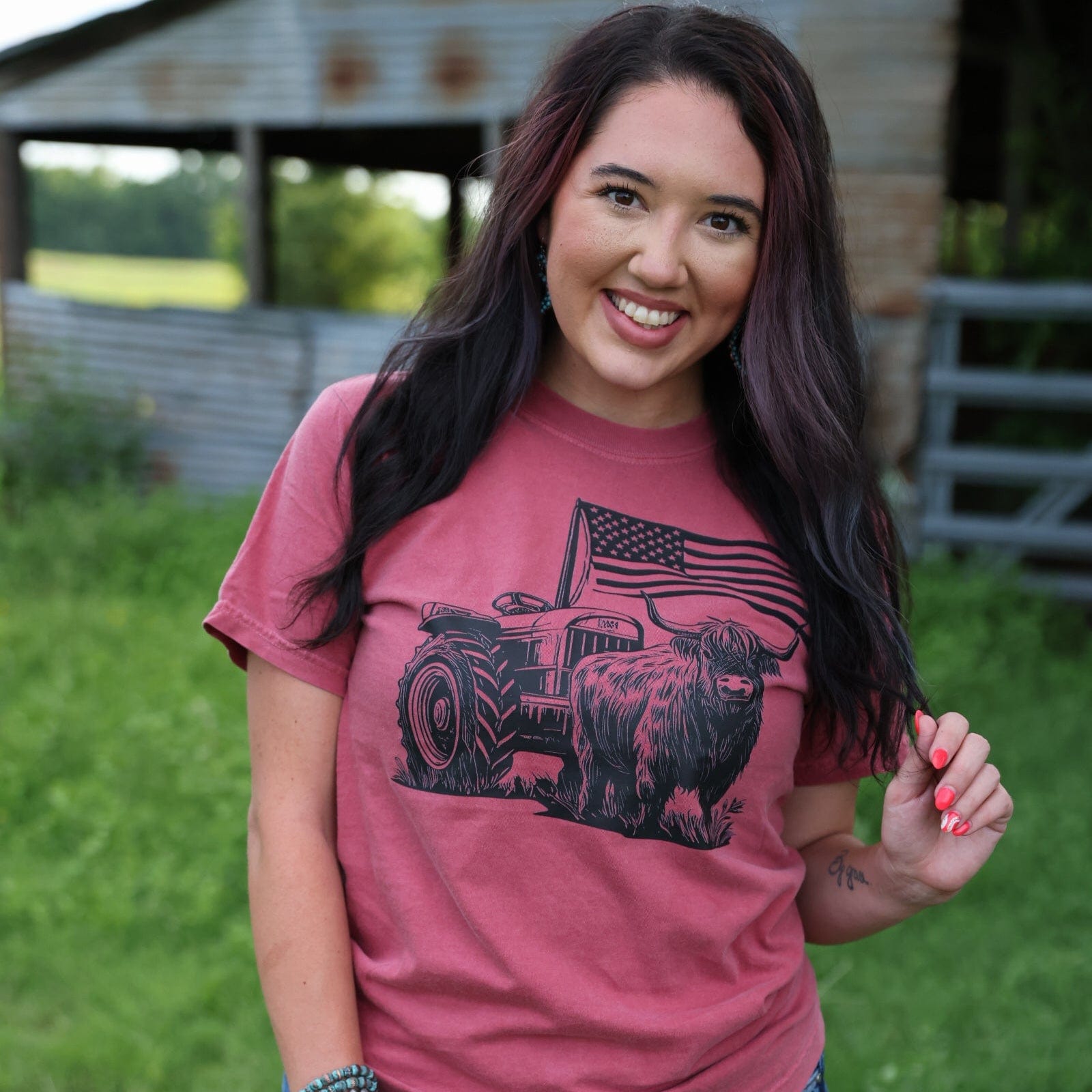 Women - Apparel - Shirts - T-Shirts Highland Cow Flag Tractor Soft Graphic Tee