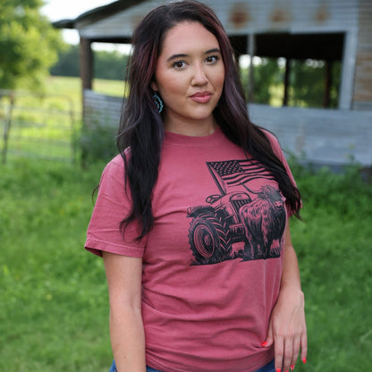 Women - Apparel - Shirts - T-Shirts Highland Cow Flag Tractor Soft Graphic Tee