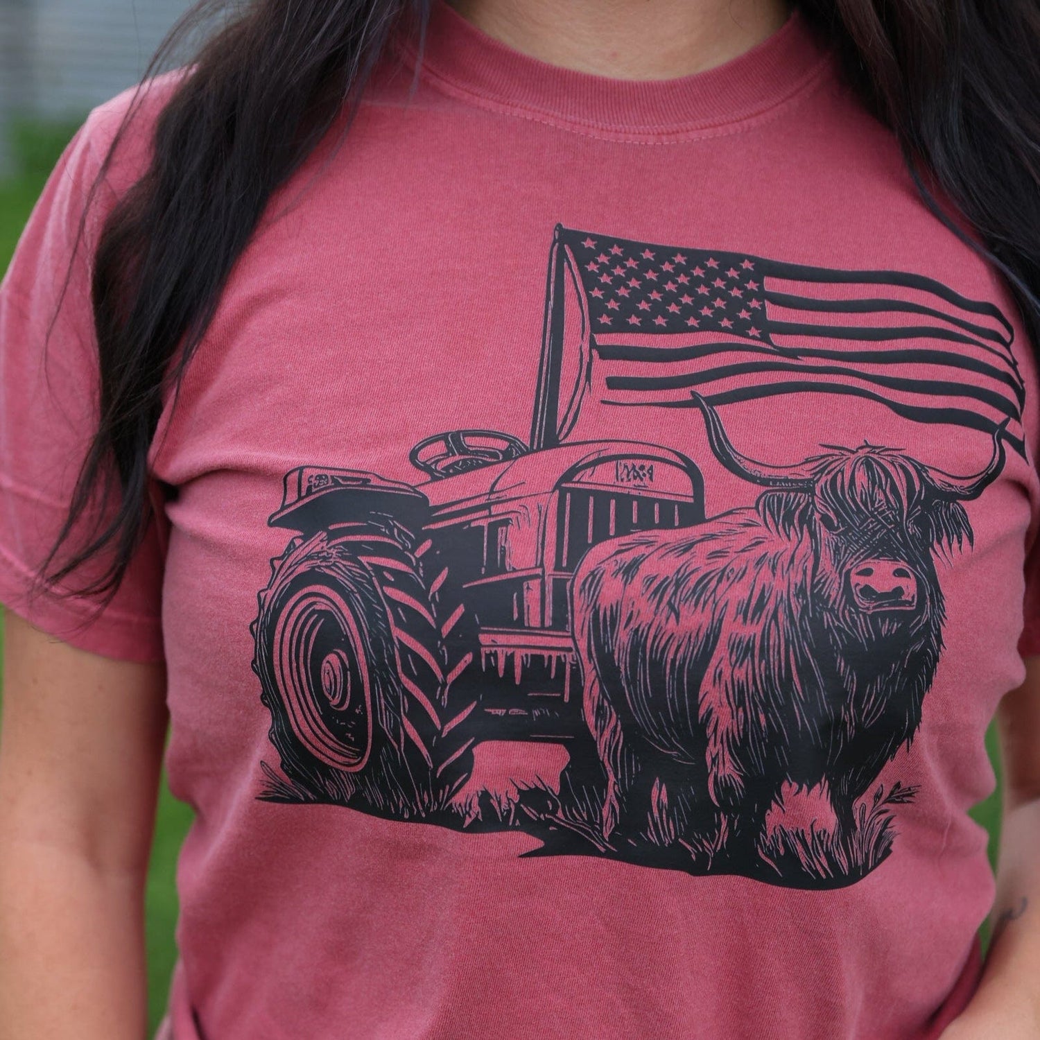 Women - Apparel - Shirts - T-Shirts Highland Cow Flag Tractor Soft Graphic Tee