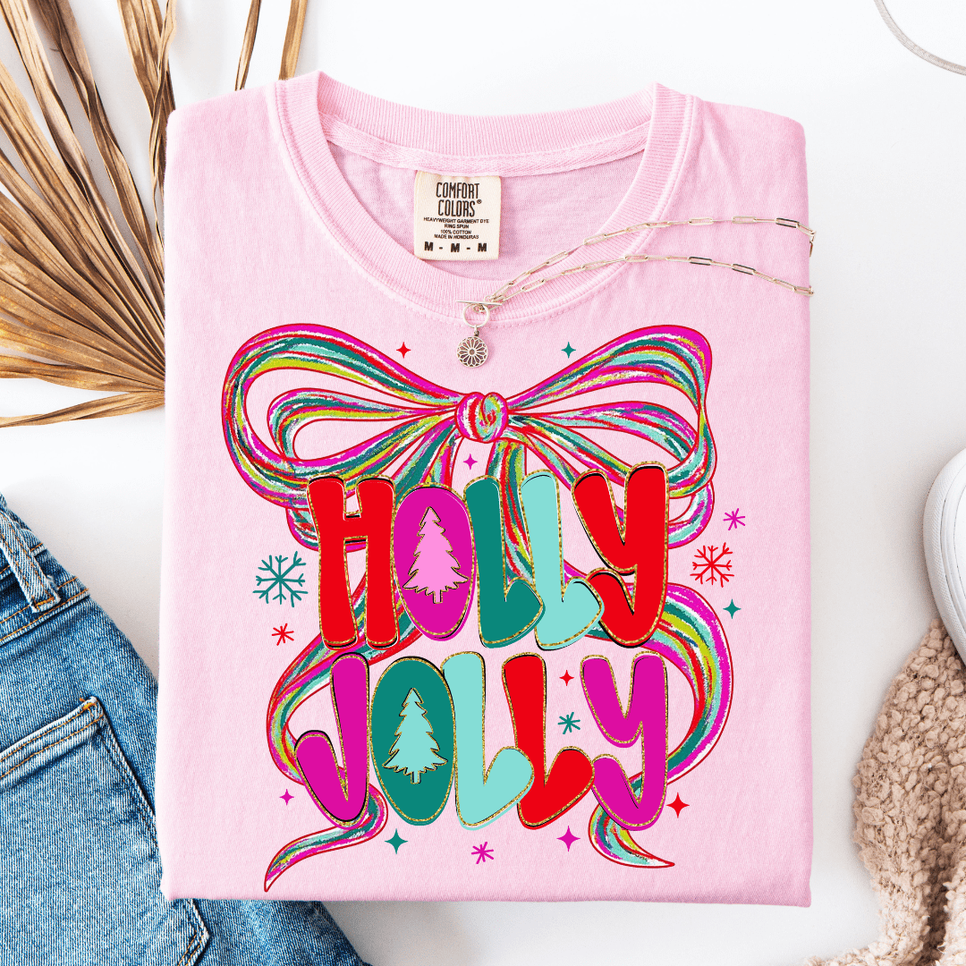 Women - Apparel - Shirts - T-Shirts Holly Jolly Colorful Bow Graphic Tee