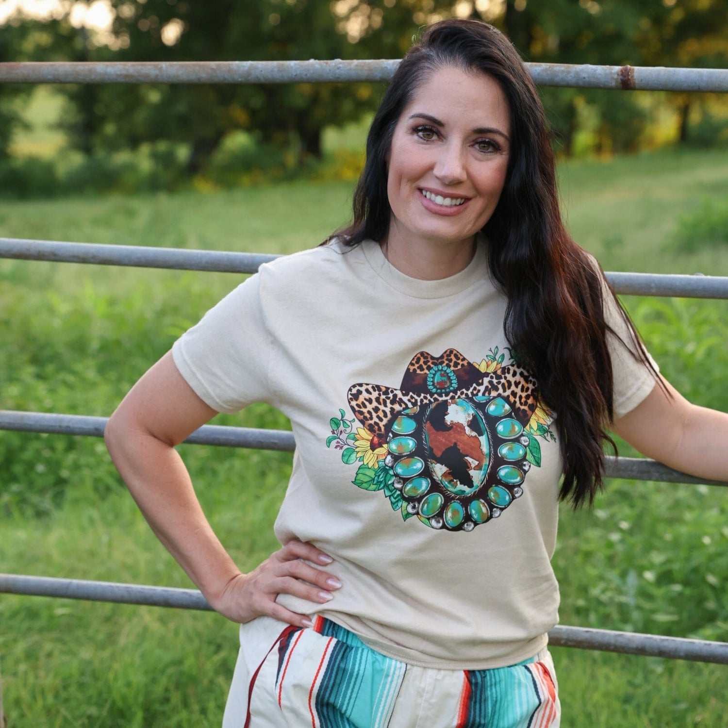 Women - Apparel - Shirts - T-Shirts Leopard Hat Turquoise Squash Blossom Soft Graphic Tee