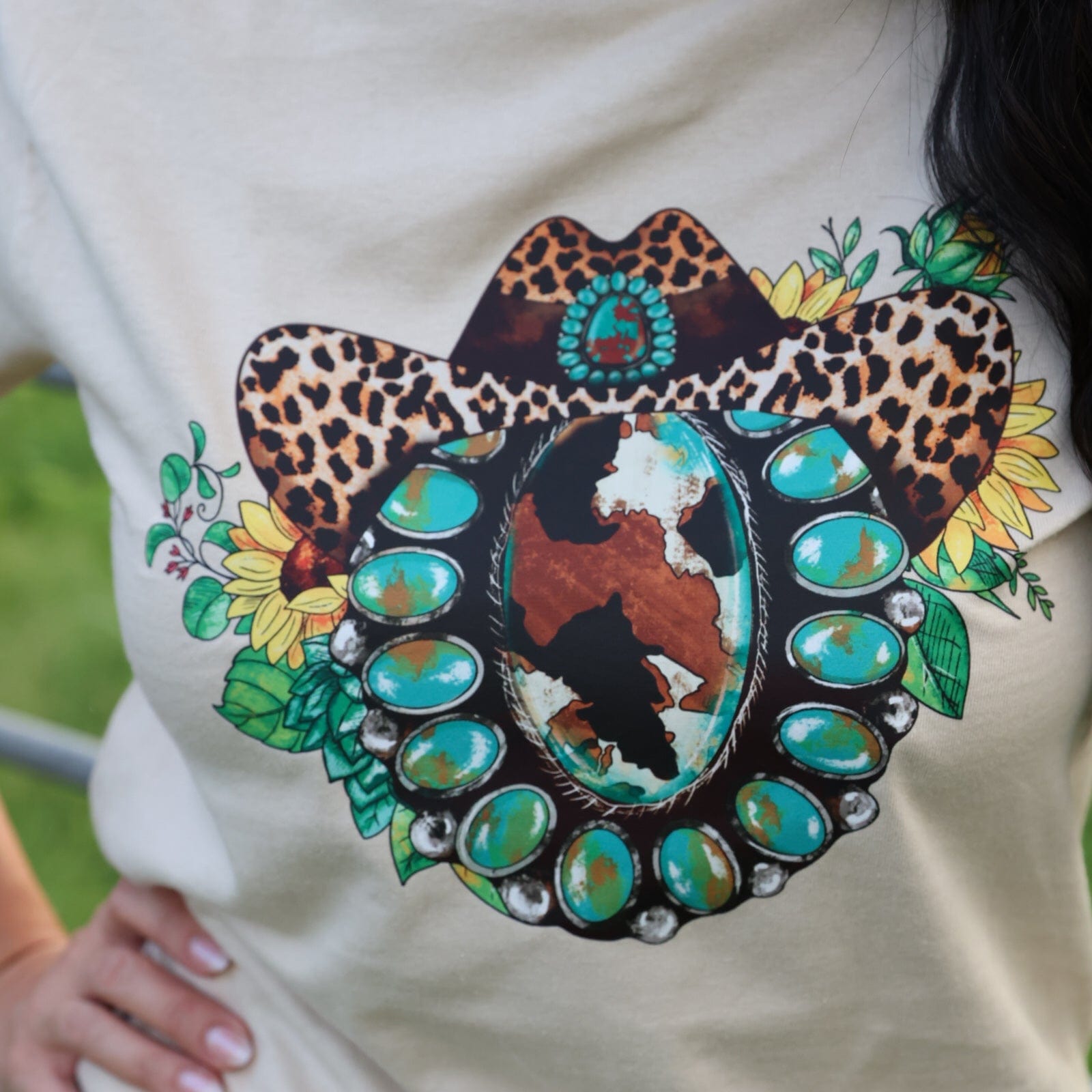 Women - Apparel - Shirts - T-Shirts Leopard Hat Turquoise Squash Blossom Soft Graphic Tee