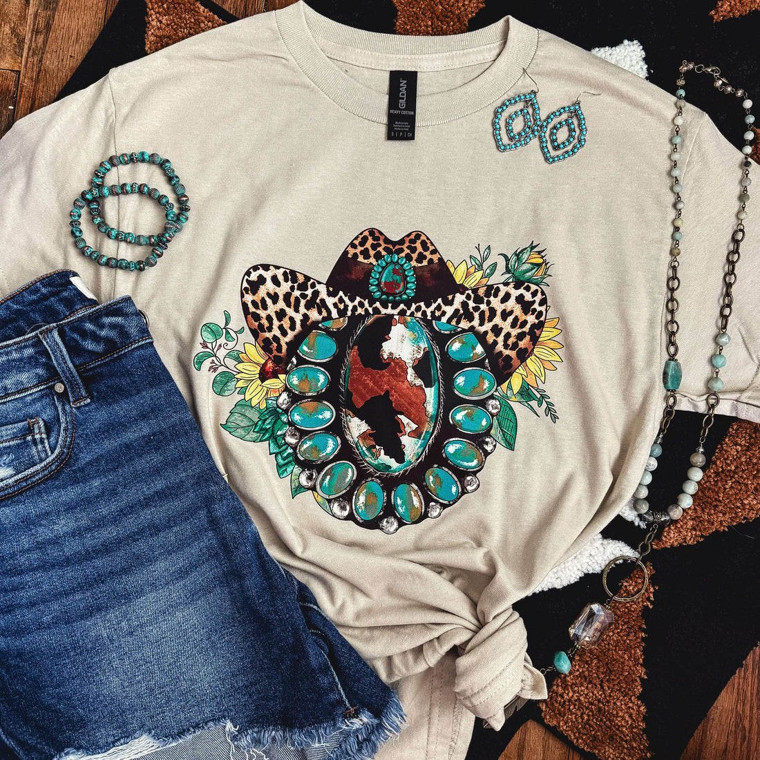 Women - Apparel - Shirts - T-Shirts Leopard Hat Turquoise Squash Blossom Soft Graphic Tee