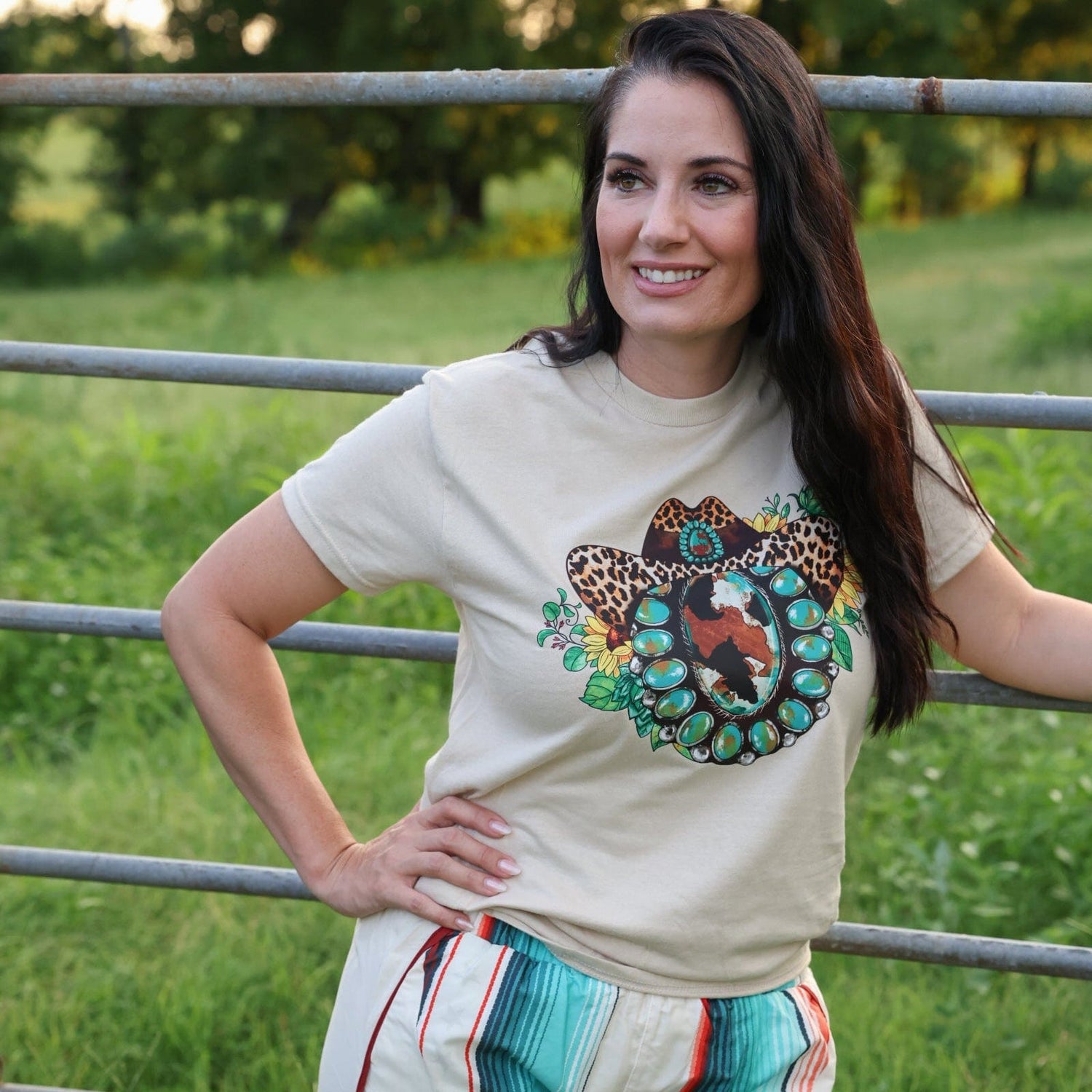 Women - Apparel - Shirts - T-Shirts Leopard Hat Turquoise Squash Blossom Soft Graphic Tee